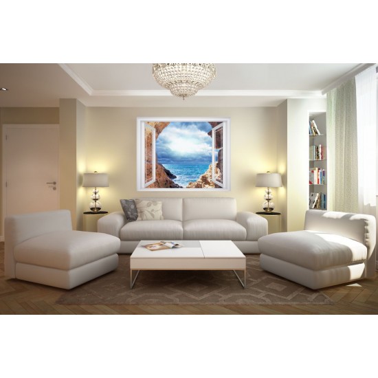 Wallpapers mural window view with sea and cliffs - 3 colours Wallpapers mural window view with sea and cliffs - 3 colours