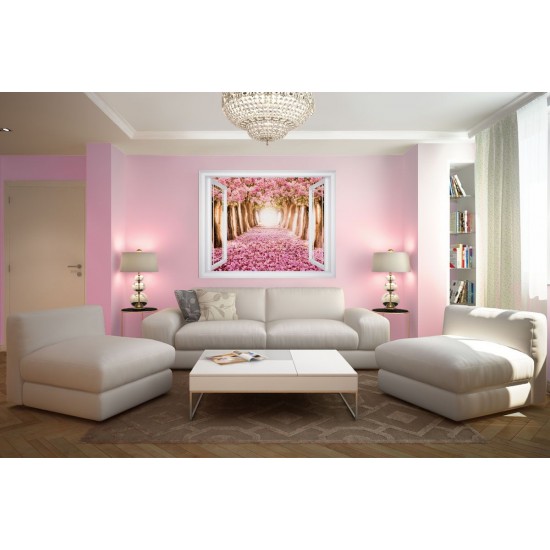 Wallpapers mural window view with pink trees - 3 colours Wallpapers mural window view with pink trees - 3 colours