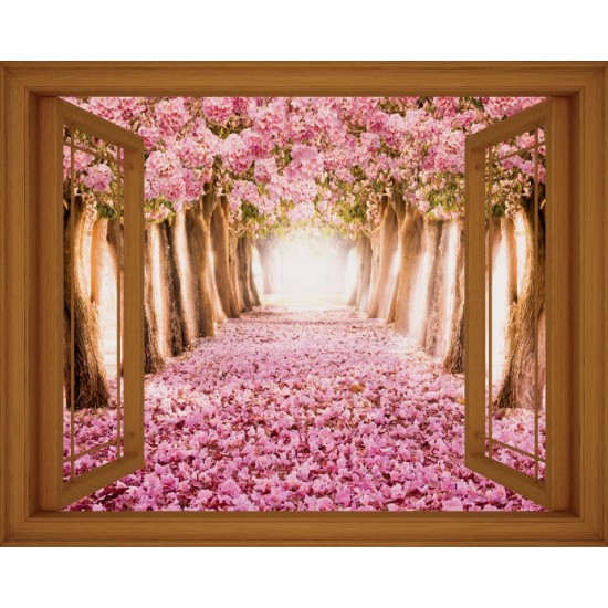 Wallpapers mural window view with pink trees - 3 colours Wallpapers mural window view with pink trees - 3 colours