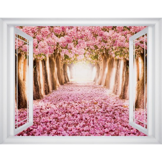 Wallpapers mural window view with pink trees - 3 colours Wallpapers mural window view with pink trees - 3 colours