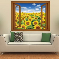 Wallpapers mural beautiful field of sunflowers window - 3 colors Wallpapers mural beautiful field of sunflowers window - 3 colors