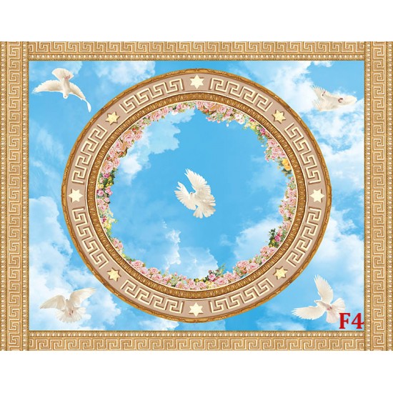 Wallpaper sphere with roses and pigeons sky for ceiling ornaments