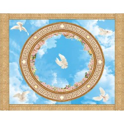 Wallpaper sphere with roses and pigeons sky for ceiling ornaments