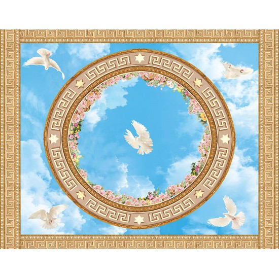 Wallpaper sphere with roses and pigeons sky for ceiling ornaments