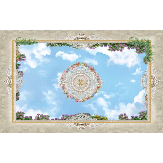 Photo Wallpaper ceiling with 3d effect sky and ornaments