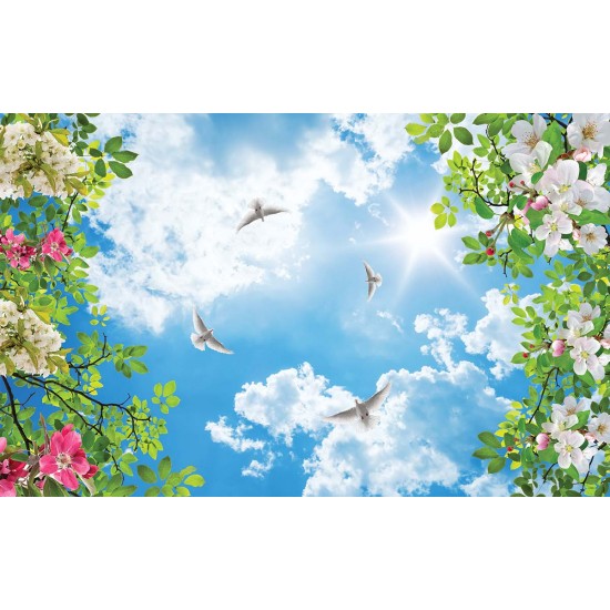 Photo wallpaper sky with pigeons and spring color decoration Photo wallpaper sky with pigeons and spring color decoration