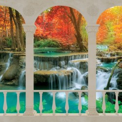 Wallpapers terrace view with waterfall and pigeons 2 variants