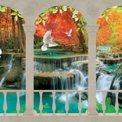 Wallpapers terrace view with waterfall and pigeons 2 variants