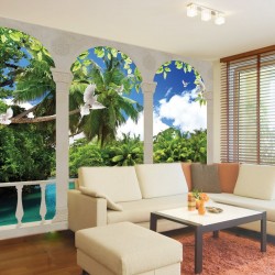 Wallpapers terrace view of sea,palms and pigeons