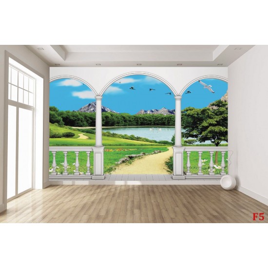 Wallpaper 3D beautiful lake view terrace