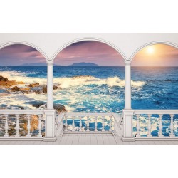 Wallpaper seashore with waves in sunset terrace view