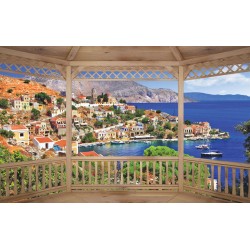 Wallpapers mural wooden terrace view the Greek island Wallpapers mural wooden terrace view the Greek island