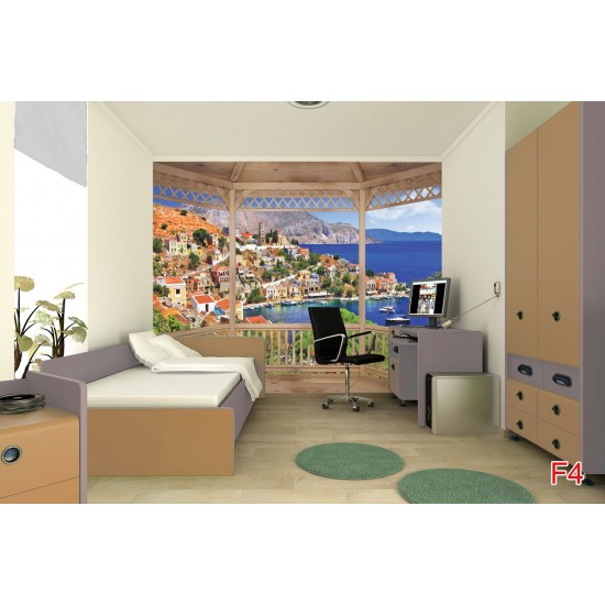 Wallpapers mural wooden terrace view the Greek island Wallpapers mural wooden terrace view the Greek island