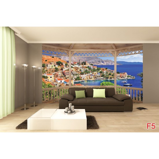 Wallpapers mural wooden terrace view the Greek island Wallpapers mural wooden terrace view the Greek island