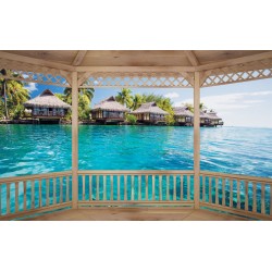 Wallpapers mural wooden terrace with of view summer houses in Bora Bora Wallpapers mural wooden terrace with of view summer houses in Bora Bora