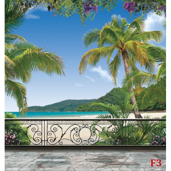 Wallpapers mural 3d view terrace with palm trees and lilac Wallpapers mural 3d view terrace with palm trees and lilac