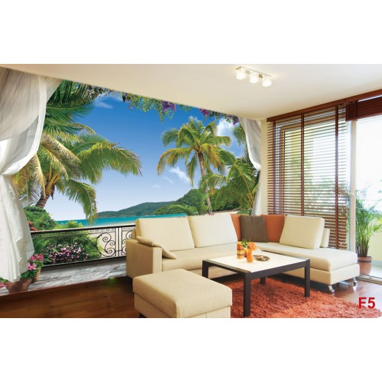 Wallpapers mural 3d view terrace with palm trees and lilac Wallpapers mural 3d view terrace with palm trees and lilac