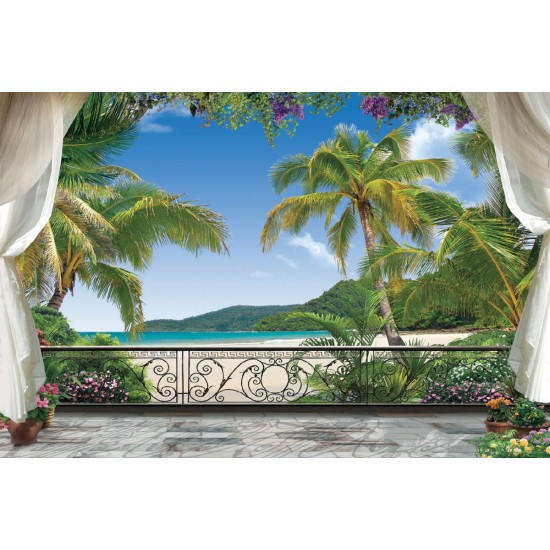Wallpapers mural 3d view terrace with palm trees and lilac Wallpapers mural 3d view terrace with palm trees and lilac