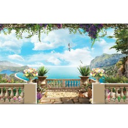 Wallpapers 3d beautiful sea terrace with colorful flowers Wallpapers 3d beautiful sea terrace with colorful flowers