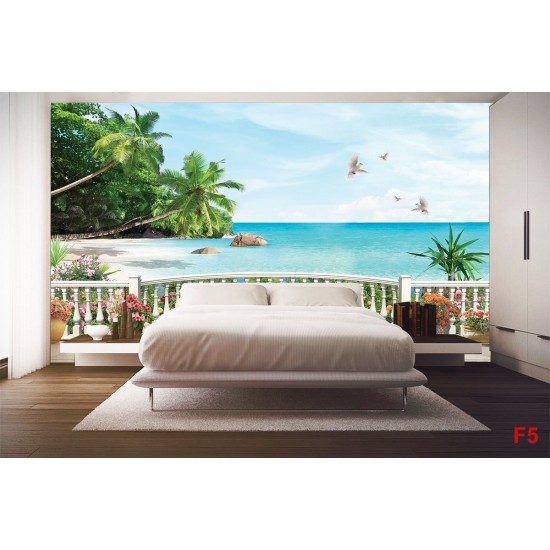 Wallpapers 3d seaview palms over railing Wallpapers 3d seaview palms over railing