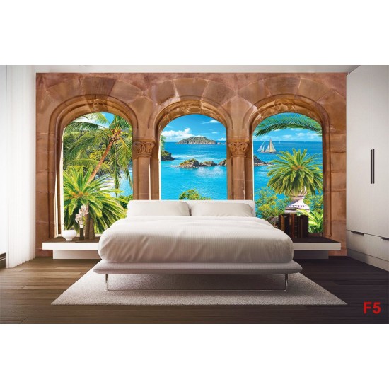 Wallpapers 3d sea view with palm trees overlooking stone arches