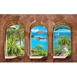 Wallpapers 3d sea view with palm trees overlooking stone arches