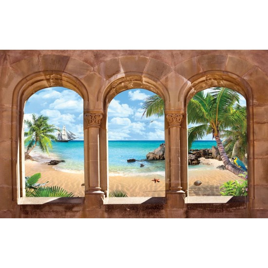 Wallpapers 3d sea view overlooking boat stone arches Wallpapers 3d sea view overlooking boat stone arches