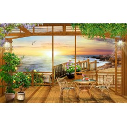 Wallpapers mural 3d-view wooden porch bridge on the beach and a table