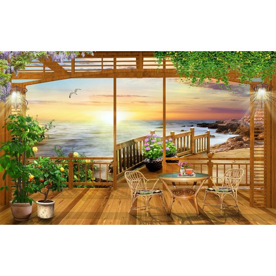 Wallpapers mural 3d-view wooden porch bridge on the beach and a table Wallpapers mural 3d-view wooden porch bridge on the beach and a table