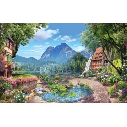 Photo wallpaper unique 3d efect landscape with lake and villas with garden
