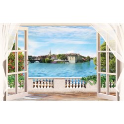 Photo wallpaper 3d effect view of an ancient seaside city through a window