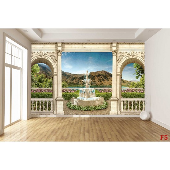 Wallpapers 3d great view of the garden with a fountain in columns Wallpapers 3d great view of the garden with a fountain in columns
