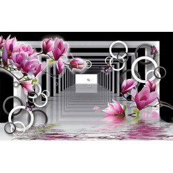 Wall murals 3D black white tunnel with magnolia and spheres