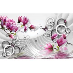 Wall murals pink magnolia 3d effect geometric white wall