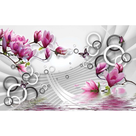Wall murals pink magnolia 3d effect geometric white wall