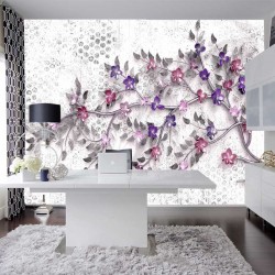 Wallpapers colored twig with small flowers with 3d effect of gray base