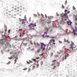 Wallpapers colored twig with small flowers with 3d effect of gray base