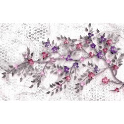 Wallpapers colored twig with small flowers with 3d effect of gray base