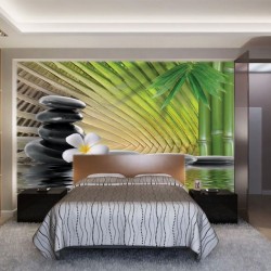 Wallpapers mural black spa stones with leaves vertically Wallpapers mural black spa stones with leaves vertically