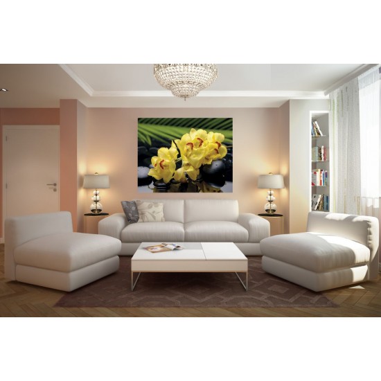 Photo mural spa stones and yellow orchids Photo mural spa stones and yellow orchids