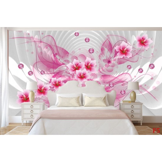 Wall murals 3d abstraction with flowers and pink diamonds