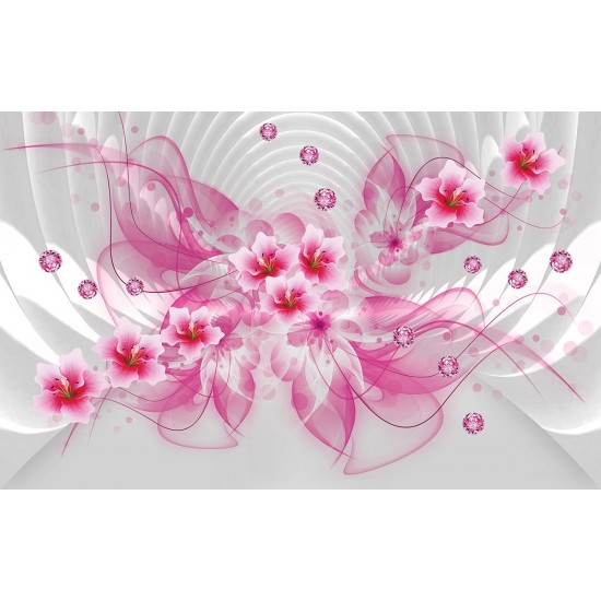 Wall murals 3d abstraction with flowers and pink diamonds