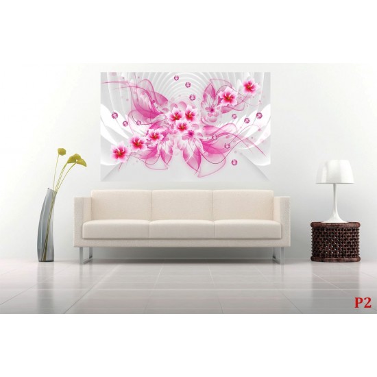 Wall murals 3d abstraction with flowers and pink diamonds