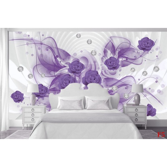 Wall murals 3d abstraction with purple flowers and diamonds