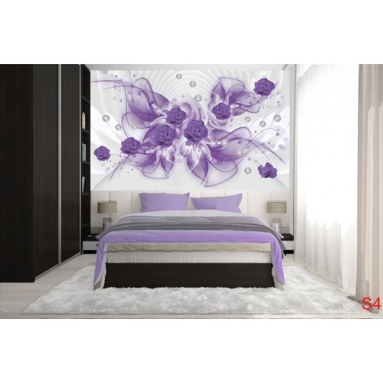 Wall murals 3d abstraction with purple flowers and diamonds