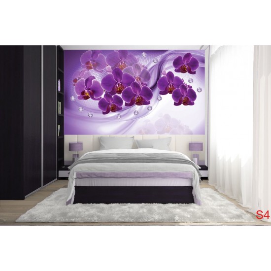 Wall murals 3d composition with purple orchids and diamonds