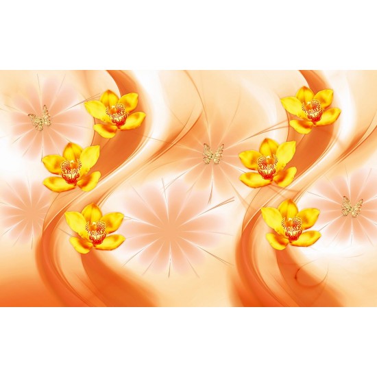Wall murals 3d composition with orange orchids and butterflies Wall murals 3d composition with orange orchids and butterflies