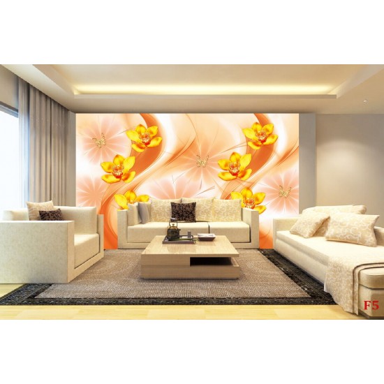 Wall murals 3d composition with orange orchids and butterflies Wall murals 3d composition with orange orchids and butterflies