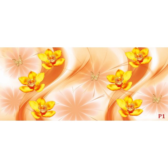 Wall murals 3d composition with orange orchids and butterflies Wall murals 3d composition with orange orchids and butterflies