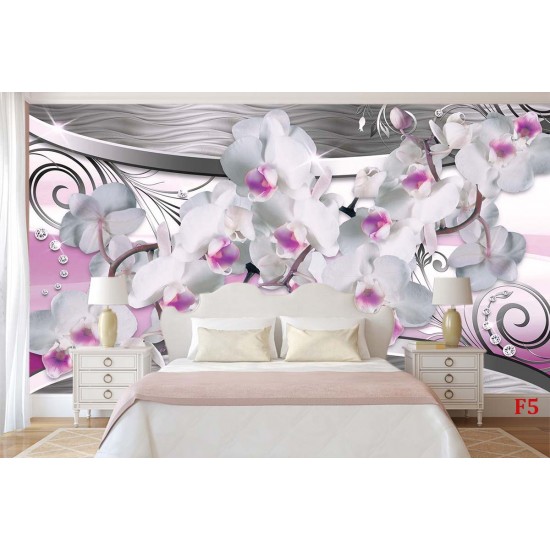 Wall murals 3d white orchids on a background metallic abstract Wall murals 3d white orchids on a background metallic abstract